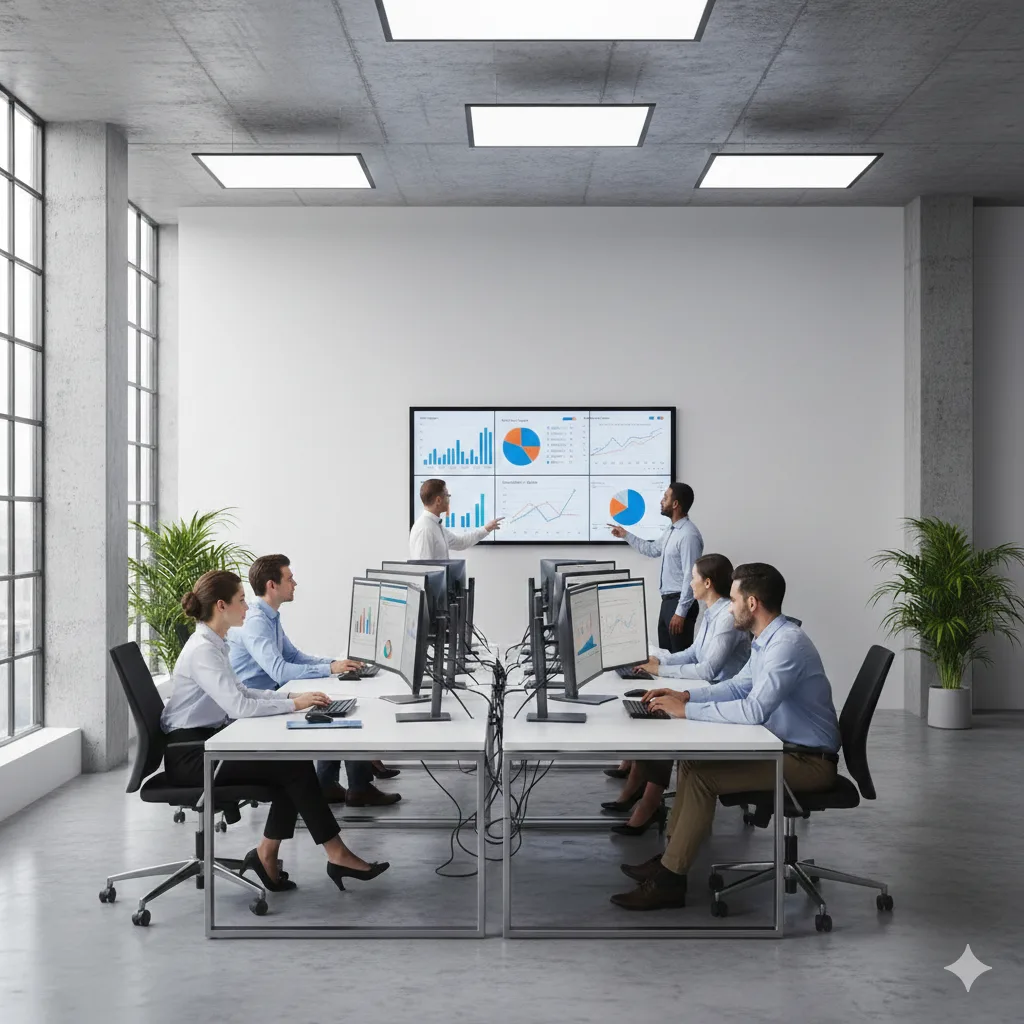 Un gruppo di collaboratori che valutano i kpi in base ai risultati di un modello aziendali di intelligenza artificiale