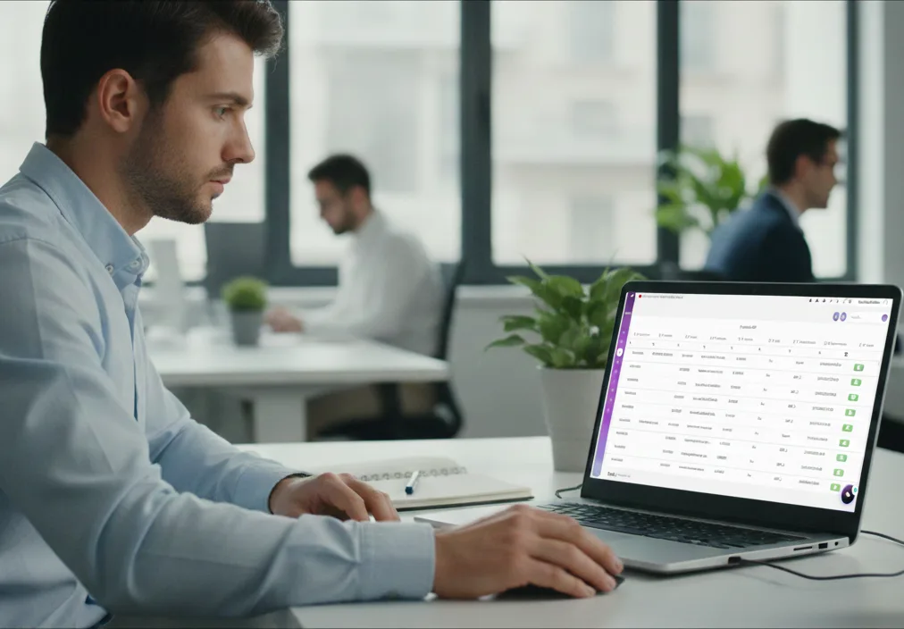 Operatore pc che guarda schermo Dekali con intelligenza artificiale per gestire acquisti